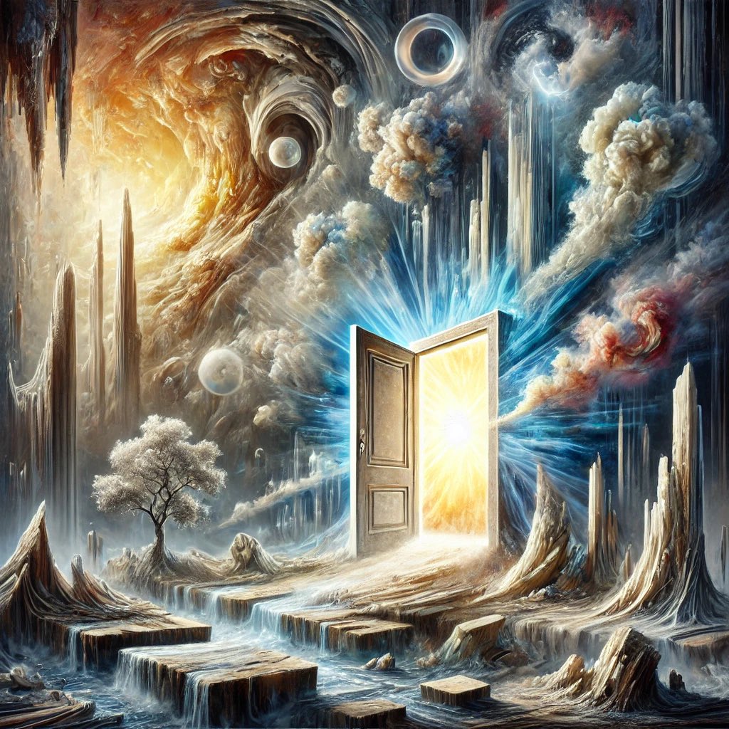 #trance #radical #acceptance #wellness #knock on the door

#prompt : A surrealist painting symbolizing the collapse of everything, with a doorway of fundamental acceptance opening amidst the chaos. The scene should feature melting, distorted landscapes, fragmented structures, and