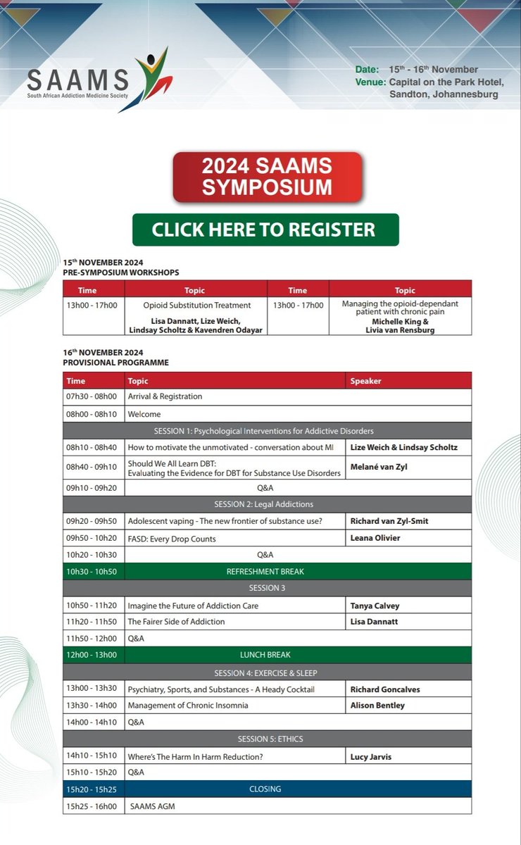 South African Addiction Medicine Society symposium 15-16 November 2024 in sunny Johannesburg South Africa velocityvision.eventsair.com/2024-saams-sym…