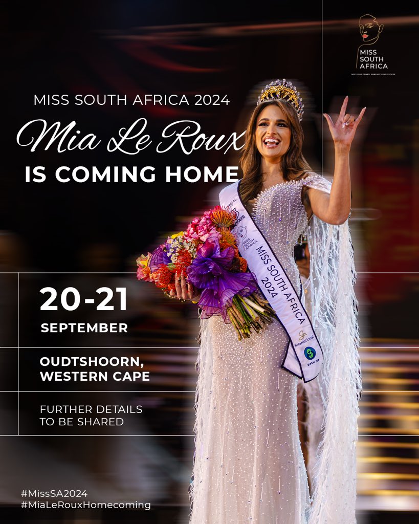 The Queen is coming home! 👑✨ 

<a href="/mialerouxx/">Mia le Roux</a> is returning to where it all began. Join us on 20-21 September in Oudtshoorn, Western Cape, for an unforgettable celebration of Mia’s incredible journey.

Let’s make this homecoming one to remember! 🎉🌸

Stay tuned for more details!📝