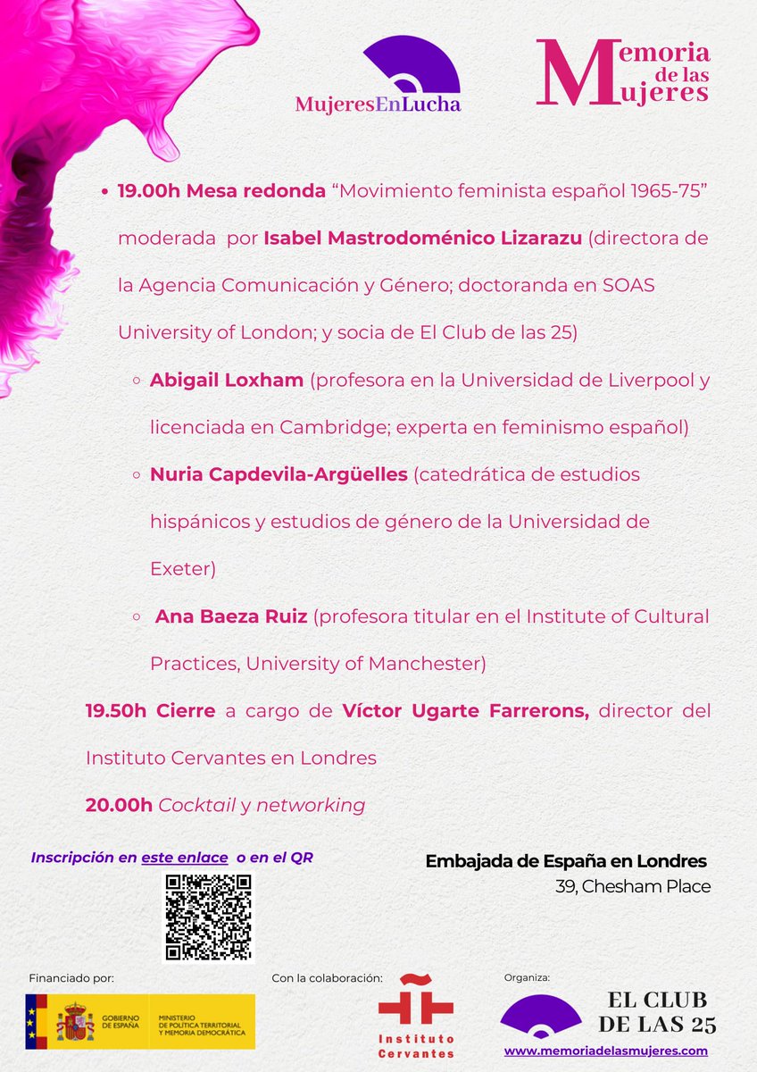 📢 Evento sobre "Mujeres en lucha: democracia y feminismo en el último período franquista"
📆 Próximo martes 24 de septiembre 
🕡 las 18:30 en la Embajada española en Londres 39, Chesham Pl, London SW1X 8SB
Registrate aquí ⬇️⬇️⬇️⬇️⬇️
tinyurl.com/4n75bvsv
Os esperamos