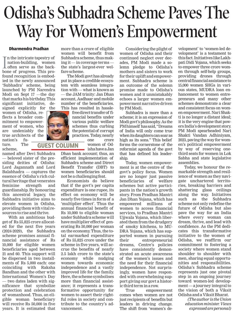 Ganesh Ram Singkhuntia (@ganeshrambjp) on Twitter photo #Subhadra is more than a scheme; it is an expression of the Modi govt’s philosophy."
Beautifully stated by Shri <a href="/dpradhanbjp/">Dharmendra Pradhan</a> Ji in his recent column. I fully resonate with this thought, as the scheme truly embodies the spirit of empowerment and progress for women in our country. #Subhadra is more than a scheme; it is an expression of the Modi govt’s philosophy."
Beautifully stated by Shri <a href="/dpradhanbjp/">Dharmendra Pradhan</a> Ji in his recent column. I fully resonate with this thought, as the scheme truly embodies the spirit of empowerment and progress for women in our country.