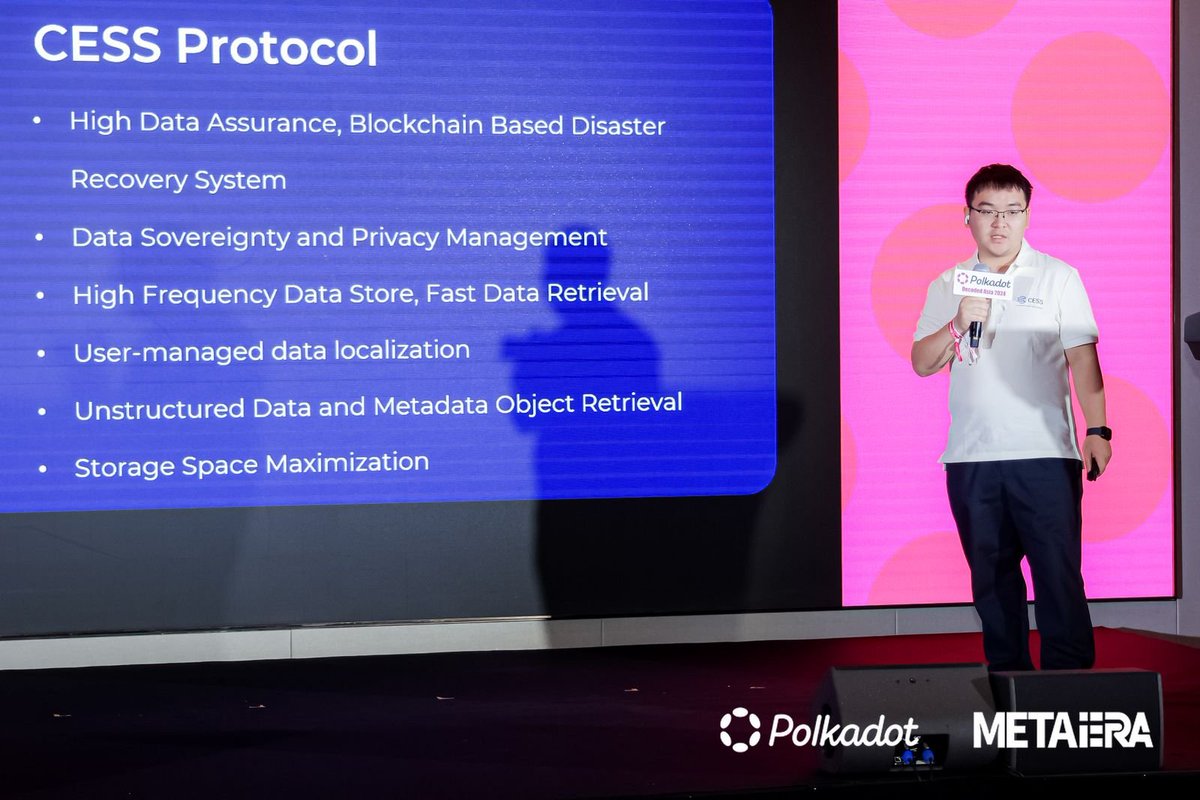 MetaEraHK's tweet photo. 📸MetaEra @ Token2049 'Polkadot Decoded Asia 2024' Highlights!  

Tony from @CESS_Storage delivered a keynote speech on “The Collaborative Approach of CESS and DePIN”.

He shared the current challenges in the industry ,and explained CESS's innovations in the trend of data and storage.  

#Token2049 #Polkadot #MetaEra