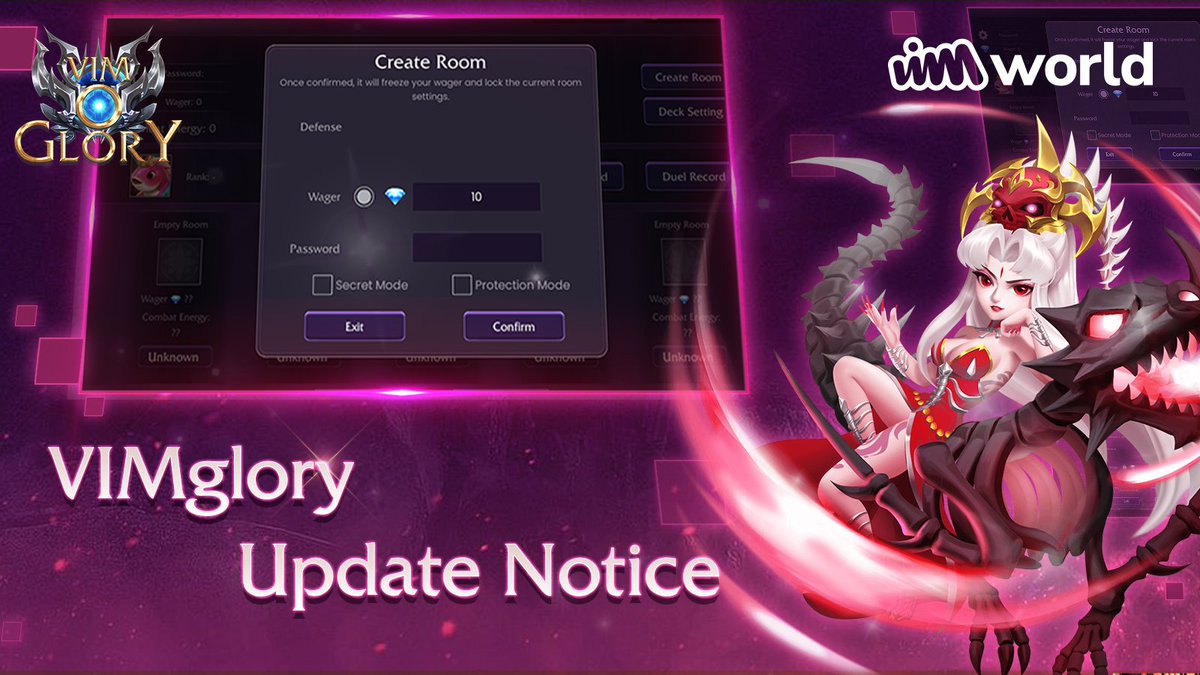 🎯 We're excited to announce a #VIMglory Duel mode update is live!🎯

🎮Minimum wager has been slashed from 200 to just 10 Diamonds! 💎

🎮Duel mode service fee now only 5% 👏

Get your VIMs ready and prepare to Duel with these fresh changes🤺 vimglory.gg

#VIMworld