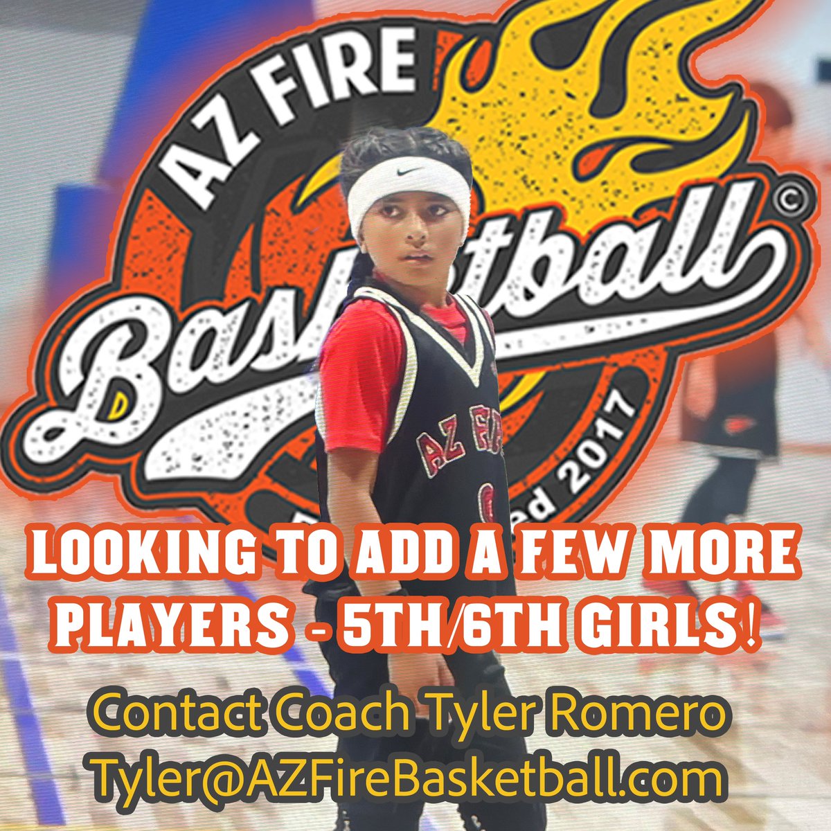 azfirebball's tweet image. AZ FIRE is looking to add a few more players to their 5/6 grade roster… contact Coach Tyler Romero for more info: Tyler@AZFireBasketball.com
