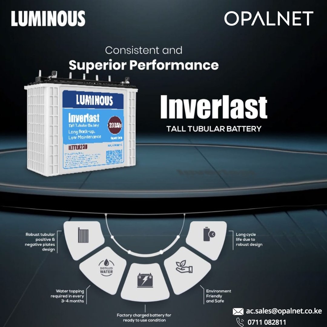 OpalnetLimited's tweet image. Looking for reliable, long-lasting power?  With tubular technology and deep discharge capability, it offers high backup, requires low maintenance, and is solar-ready.
Call 0711082811 for more information. Email us at ac.sales@opalnet.co.ke
#LuminousSolar #InverlastBattery