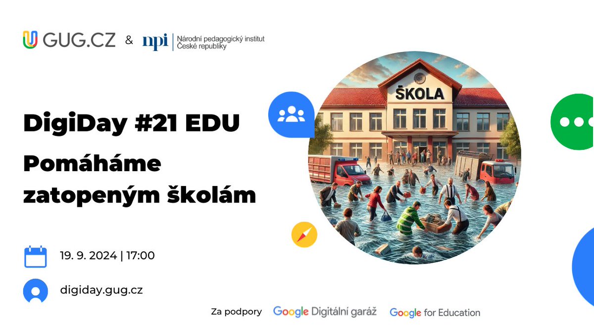 Velká voda zatopila některé školy v ČR. Ve čtvrtek  19. 9. od 17:00 proto vysíláme živě:
- péče o vytopenou techniku
- rychlé obnovení připojení školy
- technická a metodická pomoc
- online výuka
Program a registrace: digiday.gug.cz