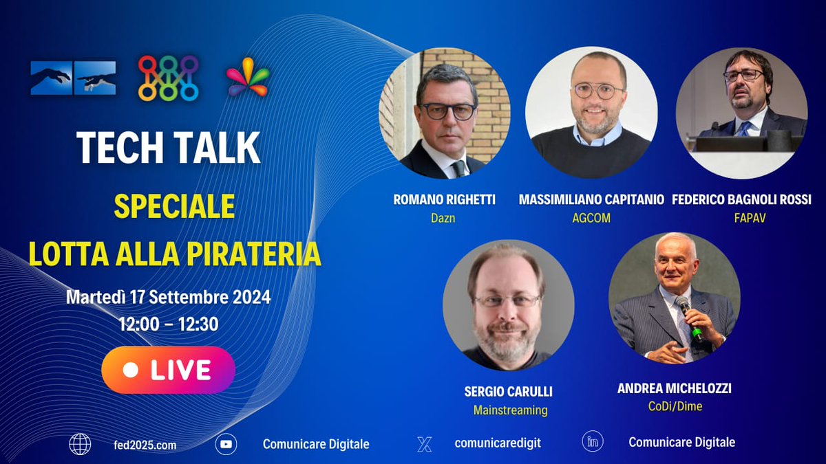 MonitoR_magazine (@monitortv) on Twitter photo Tech Talk di <a href="/ComunicareDigit/">FED - Lucca & Madrid (Forum Europeo Digitale)</a> sulla Pirateria con <a href="/maxcapitanio/">Massimiliano Capitanio</a>, <a href="/AGCOMunica/">AGCOM</a>, Righetti, <a href="/DAZN_IT/">DAZN Italia</a>, <a href="/fbagnolirossi/">Fede Bagnoli Rossi</a>, <a href="/FAPAV_IT/">FAPAV</a>, <a href="/mainstreamingtv/">MainStreaming®</a>
<a href="/digitalsat_it/">Digital-Sat News</a>, <a href="/simone__rossi/">Simone Rossi</a>, <a href="/monitortv/">MonitoR_magazine</a>, @piracyshield, <a href="/Alianzatv_/">Alianza contra la piratería audiovisual</a>, <a href="/NoALaPirateria/">No A La Pirateria</a>
monitor-radiotv.it/w/event/forum-… Tech Talk di <a href="/ComunicareDigit/">FED - Lucca & Madrid (Forum Europeo Digitale)</a> sulla Pirateria con <a href="/maxcapitanio/">Massimiliano Capitanio</a>, <a href="/AGCOMunica/">AGCOM</a>, Righetti, <a href="/DAZN_IT/">DAZN Italia</a>, <a href="/fbagnolirossi/">Fede Bagnoli Rossi</a>, <a href="/FAPAV_IT/">FAPAV</a>, <a href="/mainstreamingtv/">MainStreaming®</a>
<a href="/digitalsat_it/">Digital-Sat News</a>, <a href="/simone__rossi/">Simone Rossi</a>, <a href="/monitortv/">MonitoR_magazine</a>, @piracyshield, <a href="/Alianzatv_/">Alianza contra la piratería audiovisual</a>, <a href="/NoALaPirateria/">No A La Pirateria</a>
monitor-radiotv.it/w/event/forum-…