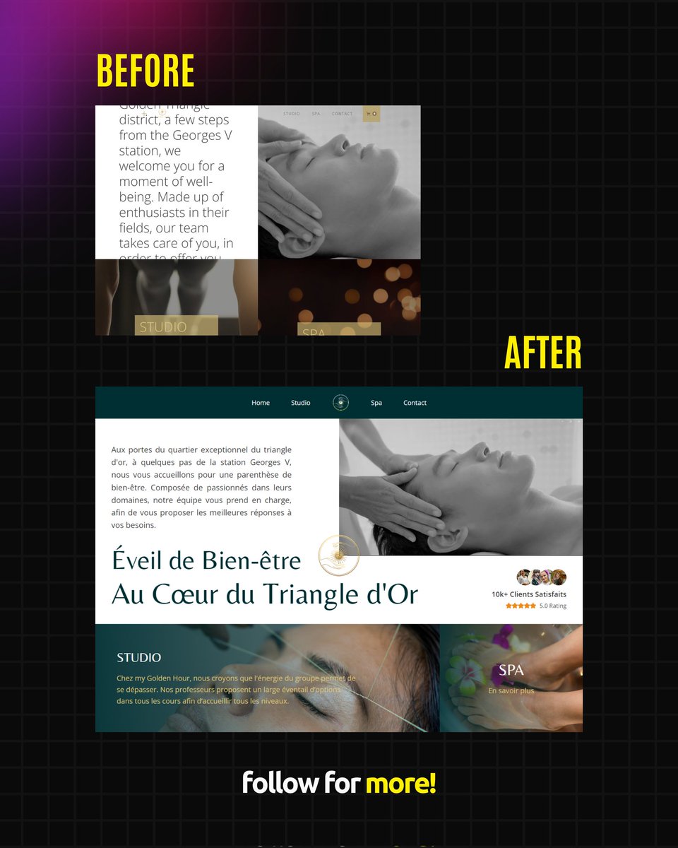 arafat2925's tweet image. "My Golden Hour" is a premier wellness studio and spa located in the prestigious Golden Triangle of Paris.
However, their website can be made a lot better by fixing a few issues.
How is the revamp? 😉
#buildinginpublic #spawebsite #studiowebsite