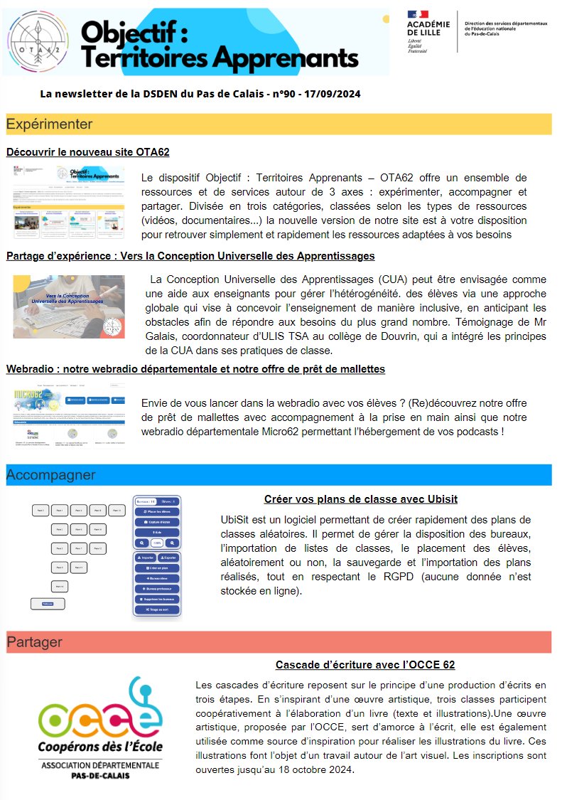 La newsletter OTA est de retour ! Nouvelle année scolaire, nouvelle présentation ! 
➡️Page d'accueil du site + claire pour une recherche simplifiée et efficace !
➡️3 rubriques pour une newsletter avec + de lisibilité : Expérimenter / Accompagner / Partager
ota62.site.ac-lille.fr/ota-newsletter…