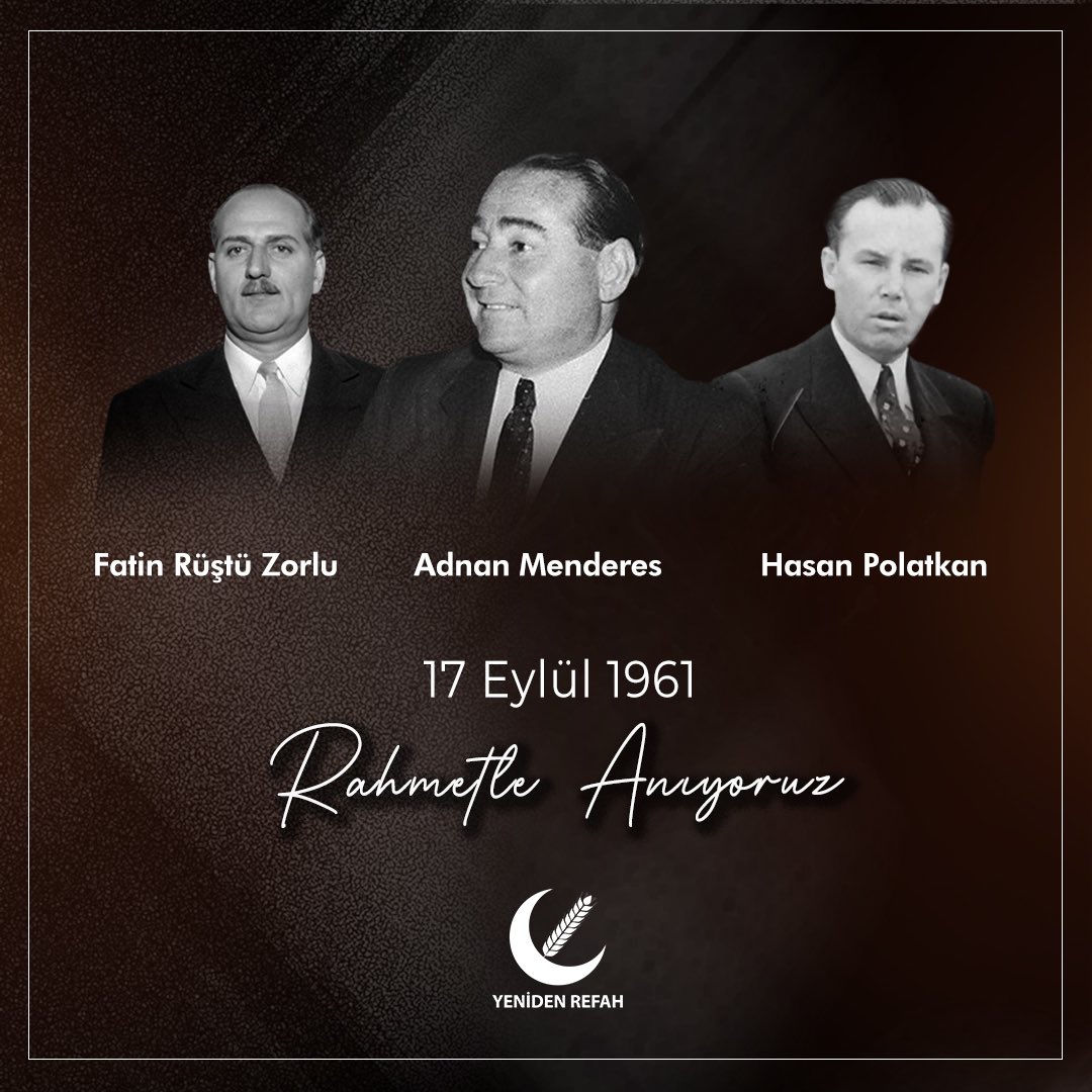 Ülkemizin kalkınması, milletimizin refahı için büyük emekler sarf eden devlet adamı Adnan Menderes, Fatin Rüştü Zorlu ve Hasan Polatkan'ı, haksız yere idam edilişlerinin 63. yıl dönümünde rahmetle ve minnetle anıyorum. Türkiye’nin karanlık dönemlerinden biri olan bu acı olay,