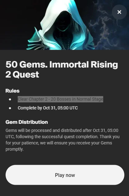 Wanna get some 50 IMX Gems?

Simply clear Chapter 2 - 20 Bosses in Normal Stage
👉imx.community/gems

Immortal Rising 2 is on <a href="/Immutable/">Immutable</a> zkEVM ⛓️