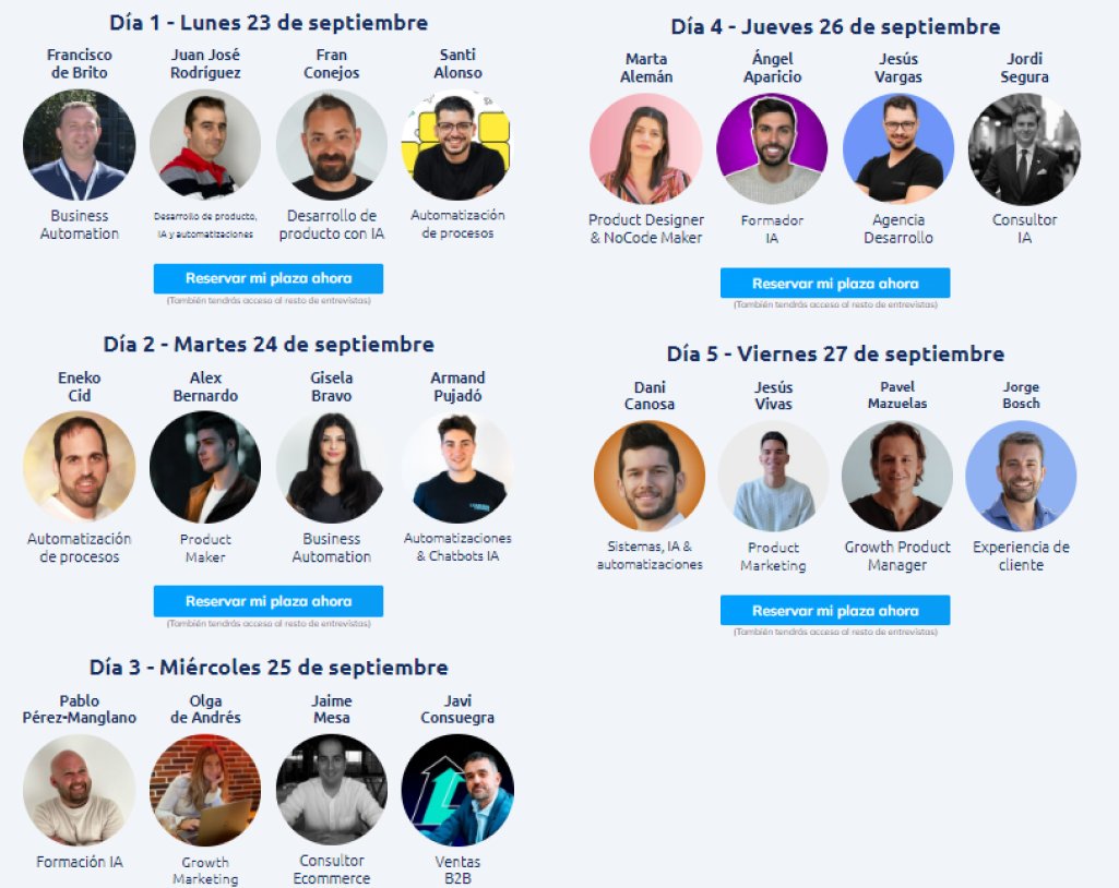 El lunes empiezan las clases del MenosCodeMásCash Summit.

🤯20 profesionales relacionados con el NoCode como profesores.

Te animas? 

✅4 clases cada día
✅grabadas (no en directo)
✅5 días de clases

✅GRATIS

Te dejo el enlace en el primer comentario