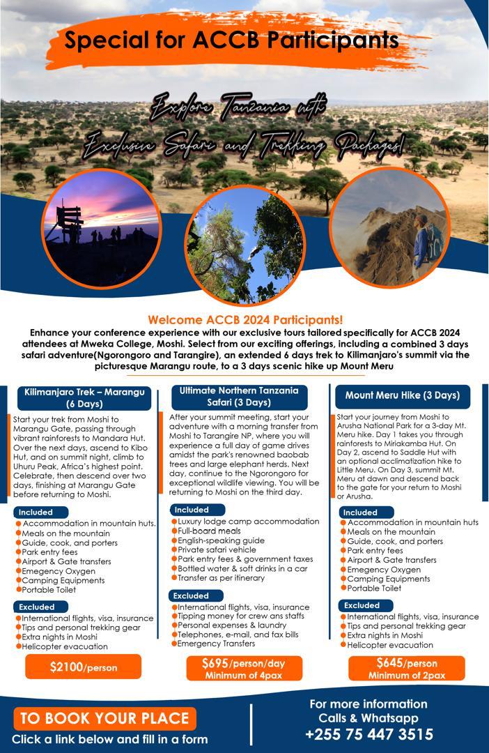 ACCB 2024 is fast approaching and the registration is still ongoing. 
Besides the major conference, there are add-ons and get-aways to be enjoyed while in Tanzania.  For more information check the website conbio.org
#ACCB2024
#rangersandlocalcommunities
#Mwekacollege