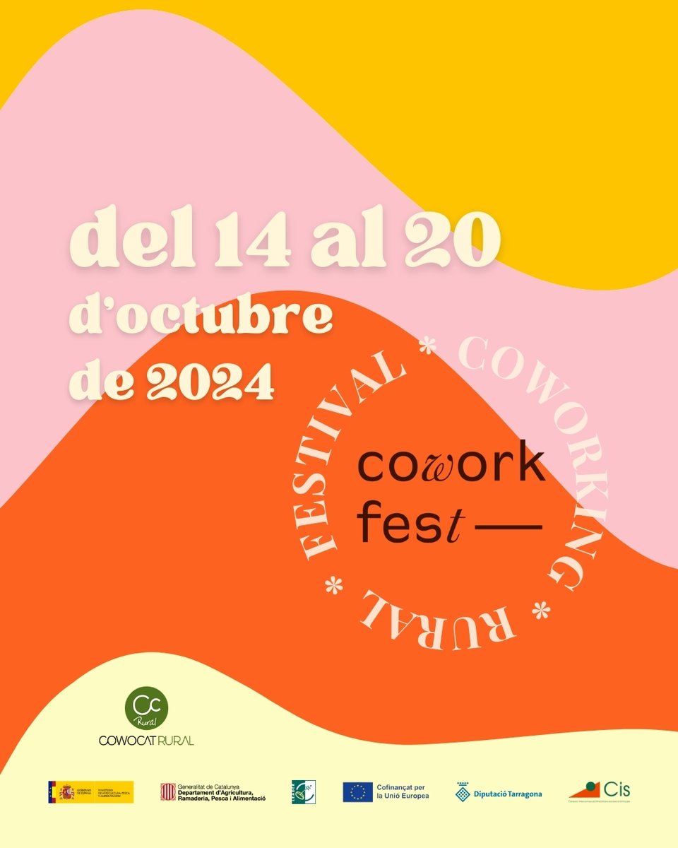 Ja falta menys per a la nova edició del Coworkfest!
Reserva't la setmana del 14 al 20 d'octubre!

#coworkfest #coworking #coworkingrural #ruralcoworking #fest #festival