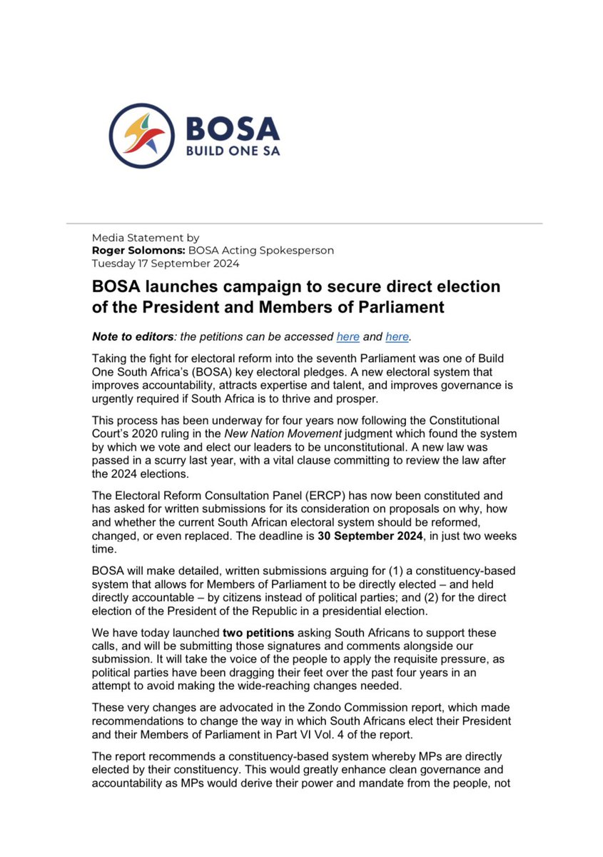 BuildOneSA's tweet photo. [Media Statement] ❗️BOSA launches campaign to secure direct election of the President and Members of Parliament❗️

Sign the petition here : 
President - https://t.co/kz8CBtGLr0 

Members of Parliament- https://t.co/ZRRUUBJRJ6

#BuildOneSA 
#DirectElection https://t.co/RyAnU9WC70