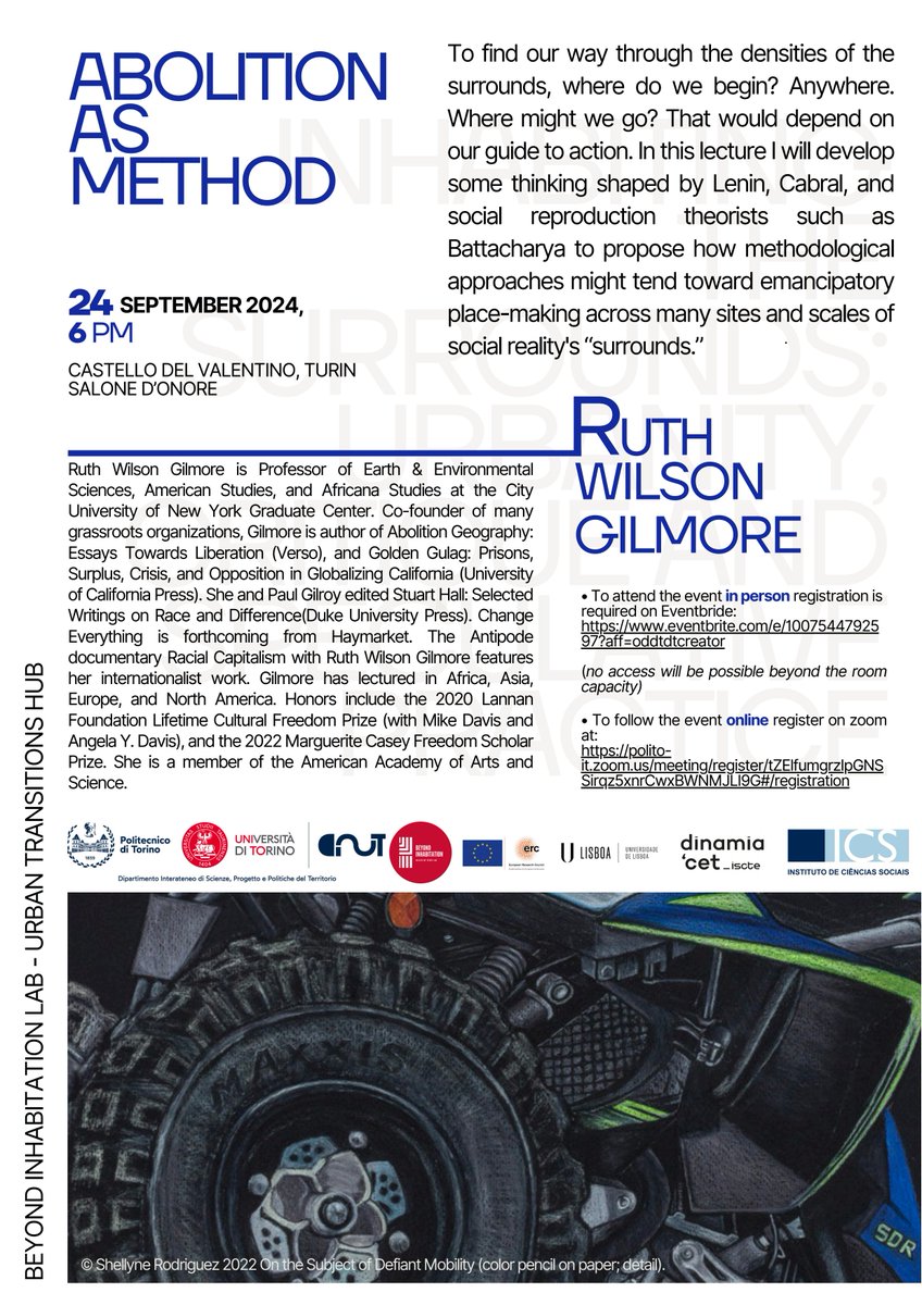 michele lancione (@michelelancione) on Twitter photo A week from now, on 24th Sept at 6pm CEST, Ruth Wilson Gilmore will be in Turin and online at the <a href="/InhabitationLab/">Beyond Inhabitation</a>
Register:
Zoom, online: polito-it.zoom.us/meeting/regist…
Eventbrite, in-person: eventbrite.com/e/100754479259… A week from now, on 24th Sept at 6pm CEST, Ruth Wilson Gilmore will be in Turin and online at the <a href="/InhabitationLab/">Beyond Inhabitation</a>
Register:
Zoom, online: polito-it.zoom.us/meeting/regist…
Eventbrite, in-person: eventbrite.com/e/100754479259…