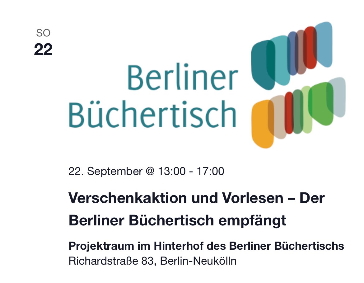 In der Neuköllner Richardstraße gibt es am 22.9. als Teil von ONK zwei offene Türen: von 13-17 Uhr Verschenkaktion und Vorlesen beim Berliner Büchertisch, und die Galerie Olga Benario  zeigt von 15-19 Uhr Plakate aus dem chilenischen Widerstand. Mehr: offenes-neukoelln.de