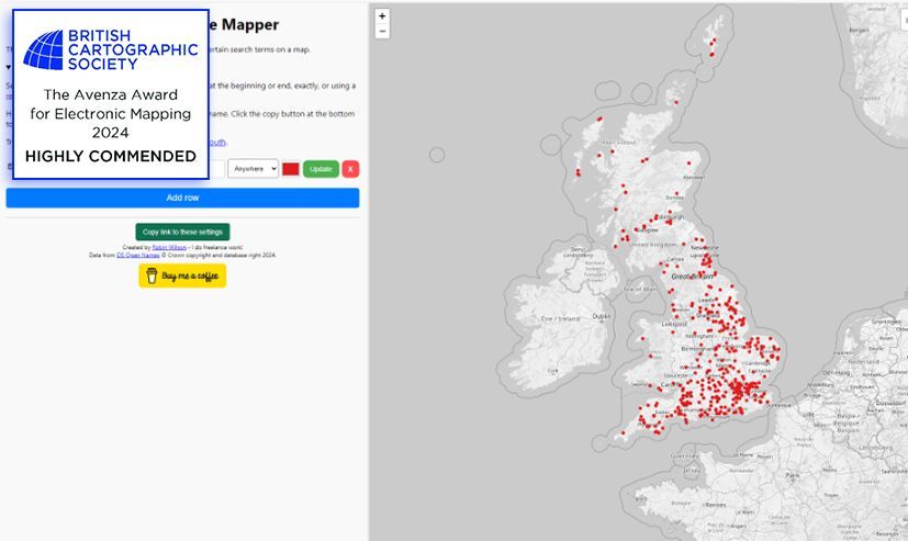 Congratuations to our Avenza Award runner up: British Placename Mapper, by Robin Wilson.
Full map available here: bit.ly/3XIO3my 

X <a href="/sciremotesense/">Robin Wilson</a> 
Mastodon @robintw@mastodon.me.uk
