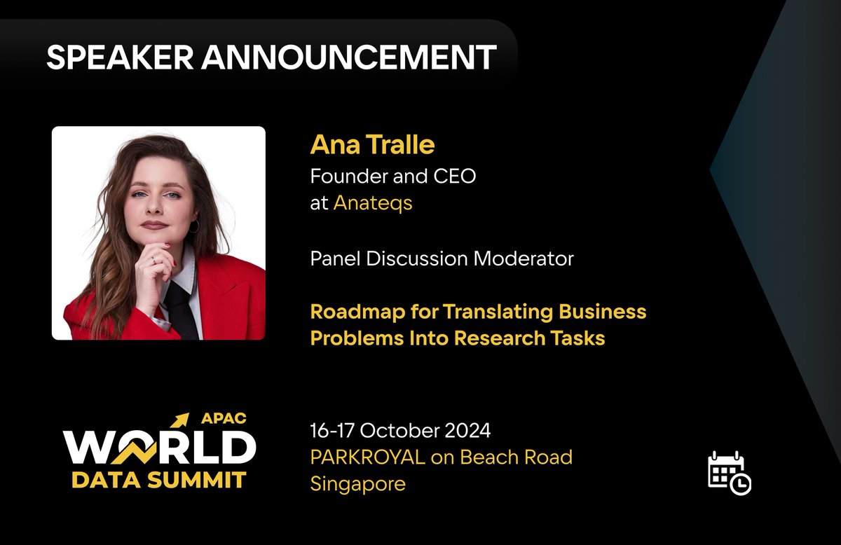 WorldDataSummit's tweet photo. Discuss practical #datastrategies for identifying business challenges and translating them into actionable research questions with Ana Tralle moderating the session at the @WorldDataSummit  in Singapore on October 16-17.

Secure your spot: https://t.co/fSOWT1Saqo
#worlddatasummit https://t.co/ljas9d43R8