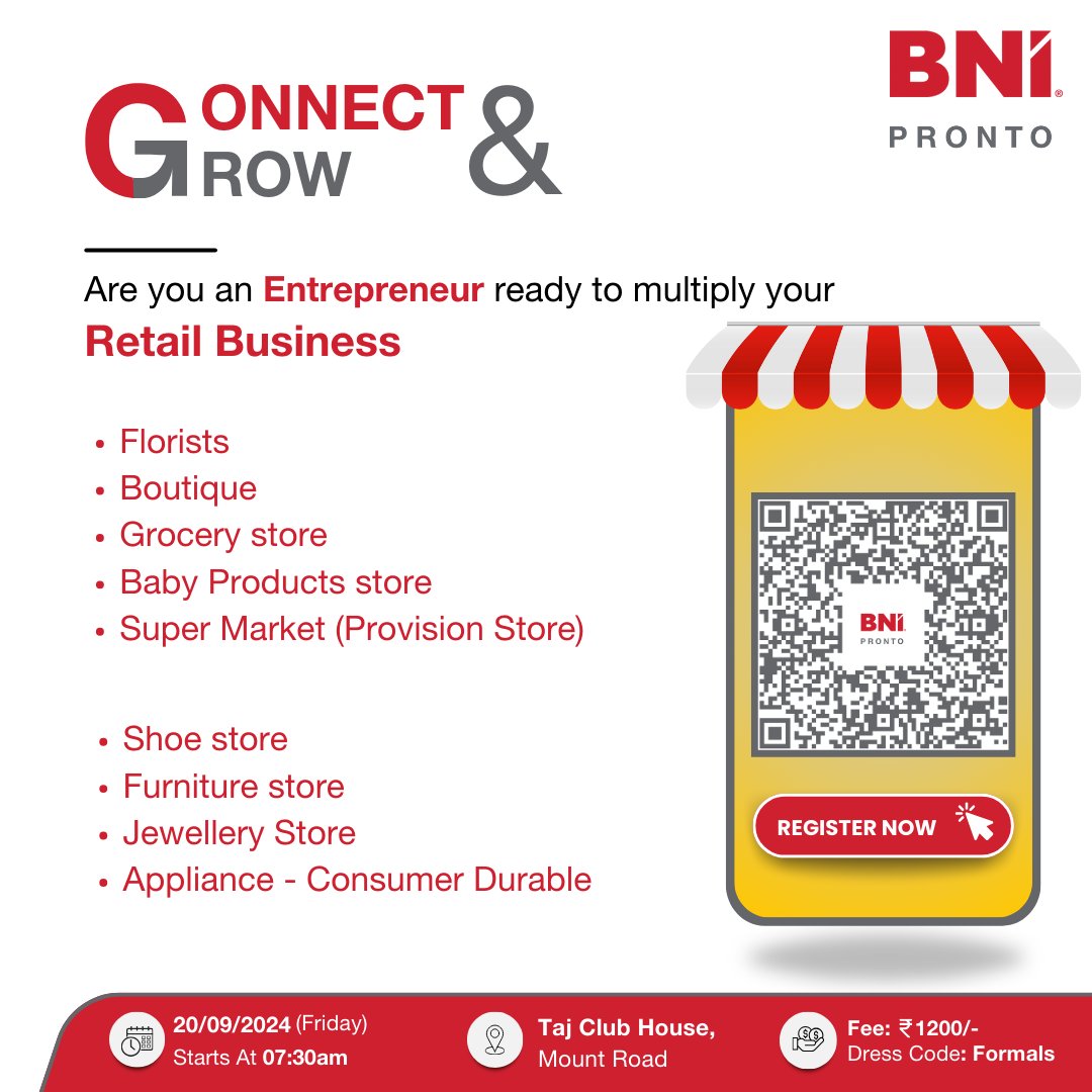 BniPronto's tweet photo. Multiply Your Retail Success with BNI Big Visitors Day! 💼 Connect with industry leaders &amp; access a network that generated 6.29 Cr in business! Expand your retail empire now!
🗓️ 20th Sept 2024 | 🏢 Taj Club House, Mount Rd | 💵 ₹1200
Scan &amp; Register
#BNI #BNIPronto https://t.co/Nj285N6piK