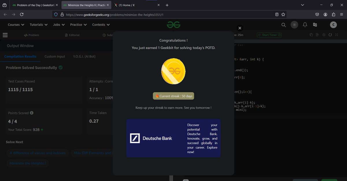 codewithme208's tweet image. Week one complete! 🌟 Solved today's POTD and ready for more challenges ahead. #geekstreak2024 #codinglife @geeksforgeeks @DeutscheBank