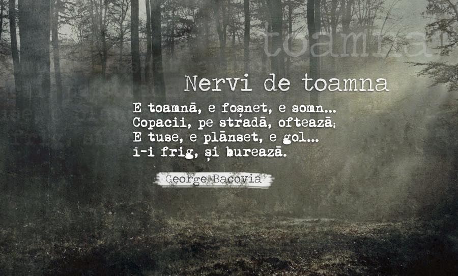 George Bacovia -  writer, poet
born September 17, 1881

Autumn nerves
It's autumn, it's rustling, it's sleep...
The trees, on the street, sigh;
He's coughing, he's crying, he's empty...
And it's cold, and it's foggy.