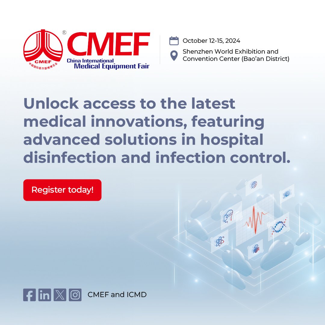 cmefandicmd's tweet image. Disinfection and infection control are critical for today’s #healthcare environment. 🛡️At #CMEF2024, explore the latest solutions in this essential category. 

Register now tinyurl.com/3fjeke83

📅 October 12-15, 2024
📍 Shenzhen, China

#CMEF2024 #CMEF #90CMEF #medical #china