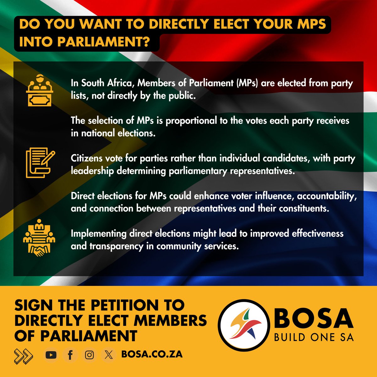 BuildOneSA's tweet photo. Sign the petition to allow for the DIRECT ELECTION OF MEMBERS OF PARLIAMENT IN SA

Sign here: https://t.co/GqseLsGt6s

#BuildOneSA #DirectElection https://t.co/X8xV9yZZDK