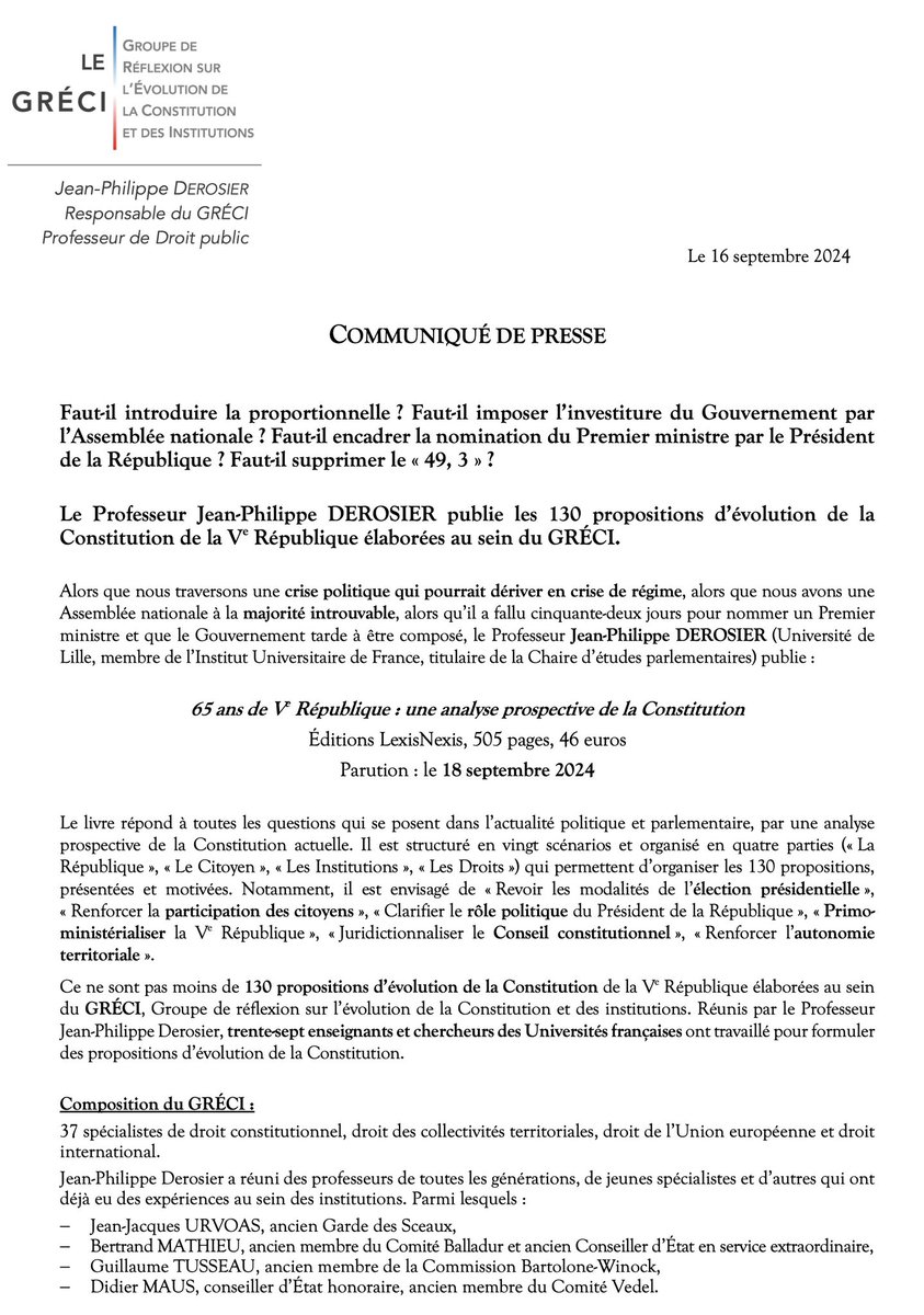 JPhDerosier's tweet image. 📚Introduire la proportionnelle? Imposer l’investiture du Gouvernement? Encadrer la nomination du PM? Supprimer le « 49, 3 »?
Retrouvez 2️⃣0️⃣ scénarios pour faire évoluer la Ve République !
‼️Très heureux de la parution des travaux du #GRÉCI
📅 Le 18 septembre
Chez @LexisNexisFr