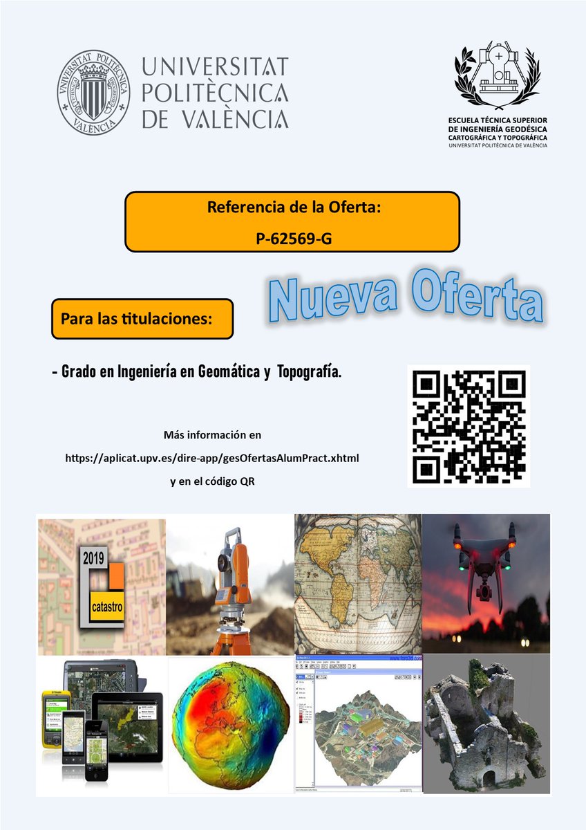 UEtsigct's tweet photo. ¡¡ Nueva Oferta !!
Os informamos que tenemos publicada una nueva oferta de prácticas para Grado en Ingeniería en Geomática y Topografía.
Referencia de la Oferta P-62569-G
Localización: Paterna
Nº de estudiantes: 1
Dedicación: 5 horas/día
Duración: 6 meses
Bolsa: 500€/mes https://t.co/udDsPu5e38
