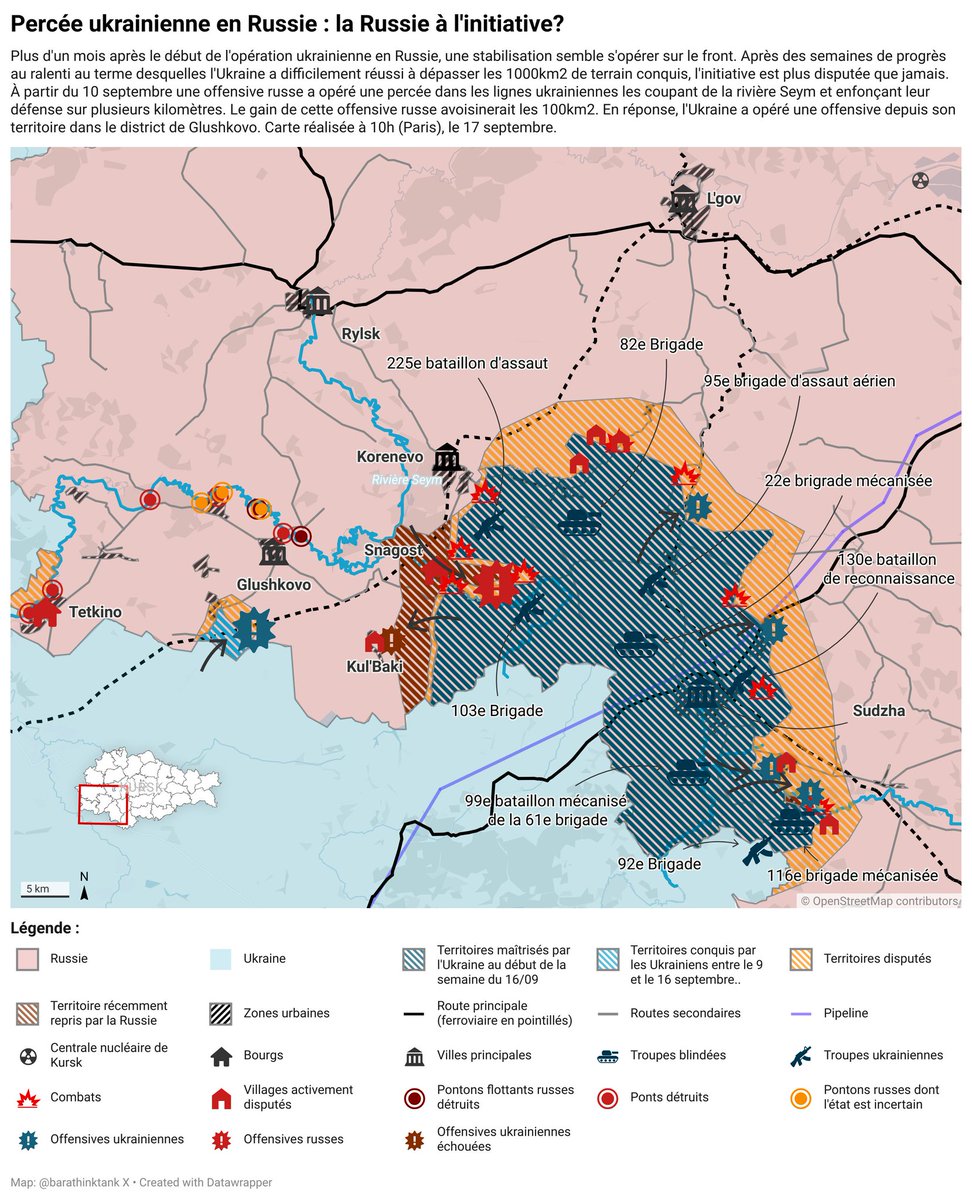 🇺🇦🇷🇺 Cartes et point de situation dans l'oblast de #Kursk, pour la semaine du 09/09 au 16/09.

Contre-offensive russe, nouveau front, prise et perte de territoire,.. voyons cela avec les cartes de <a href="/barathinktank/">BARA</a>.

Je vous invite à retweet 😉

⤵️ #UkraineRussiaWar #Ukraine