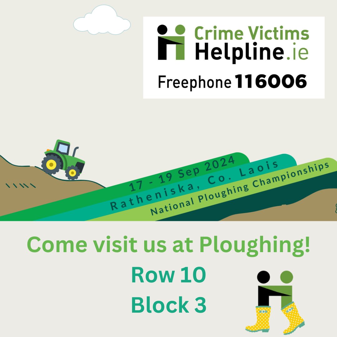 We are delighted to be exhibiting at the National Ploughing Championships again this year as part of the Government of Ireland Supporting Victims of Crime. Please come say "hi" to us at Row 10, Block 3.  #GovPloughing24 #Ploughing24