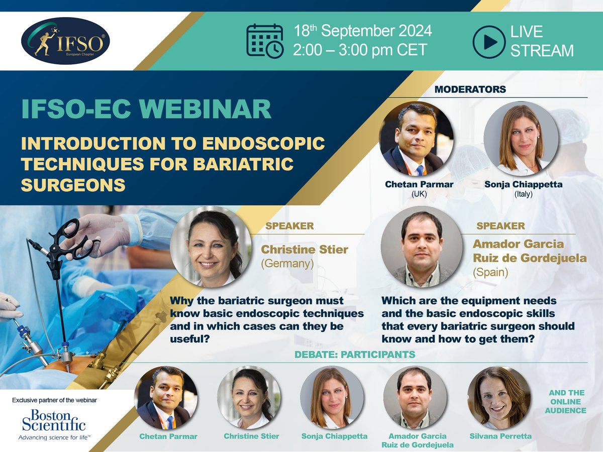 🔜 Tomorrow September 18 @ 2 pm CEST! 
 "Introduction to Endoscopic Techniques for Bariatric Surgeons" organized by IFSO European Chapter

REGISTER HERE: us06web.zoom.us/webinar/regist…