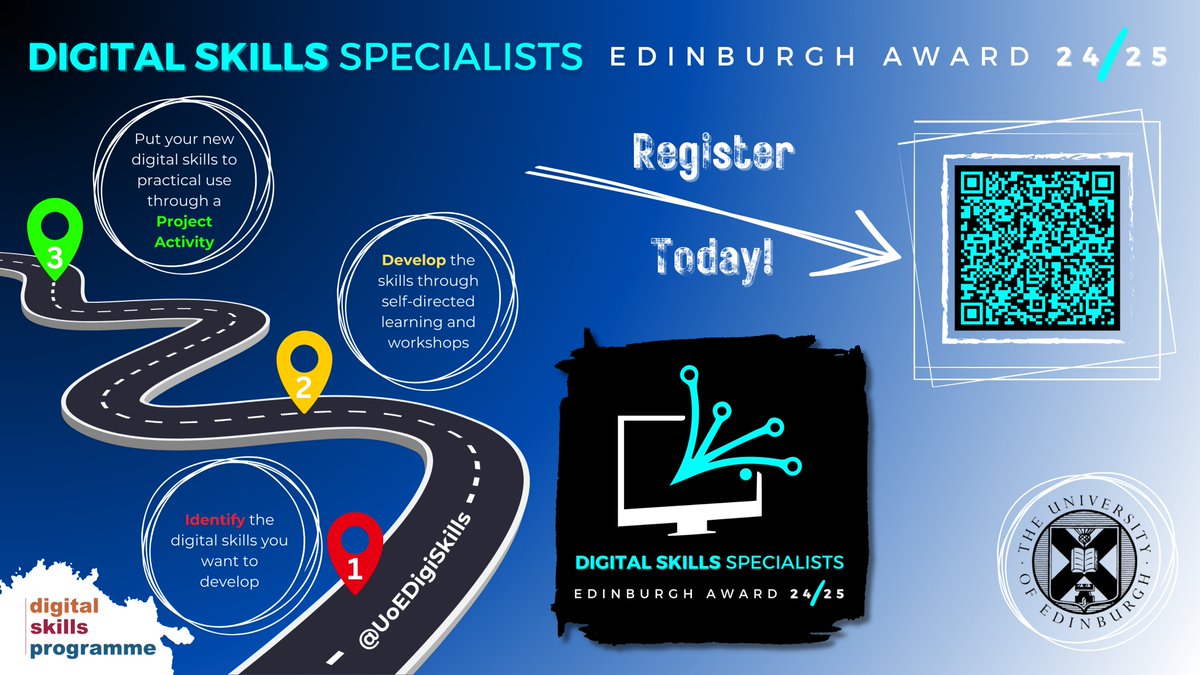 Digital Skills Specialists Edinburgh Awards – Register your interest now!  

Do you want to strengthen your digital skills and stand out to employers?  

Find out more &amp; register your interest (deadline Oct 7th): edin.ac/3m5pf5q 

Open to all UoE students.