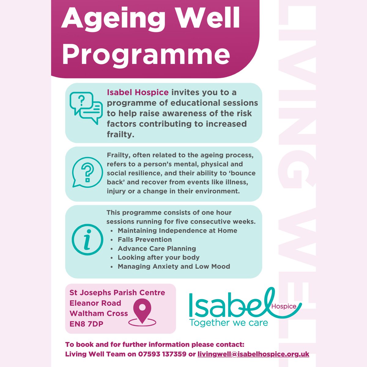 🌟Ageing Well Programme - New Course Starting 25th September 🌟 Join Isabel Hospice for a FREE educational programme designed to raise awareness of the risk factors contributing to increased frailty and learn practical tips to stay resilient, healthy, and independent as you age!