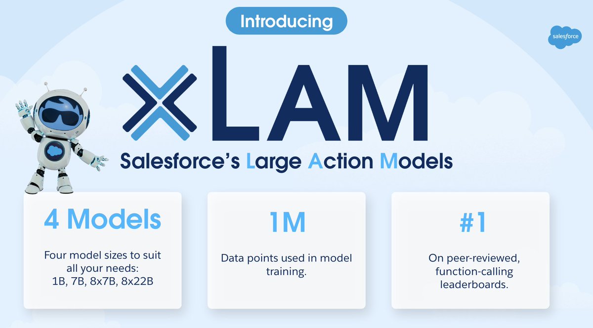 SFResearch's tweet photo. “xLAM is capable of carrying out complex tasks on behalf of its users, with benchmark testing showing that it verifiably outperforms much larger (and more expensive) models…”

In his recent blog, @silvioinguetta discusses the xLAM family, the distinction between AI Assistants and AI Agents, and their potential to revolutionize enterprise operations through personalized support and scalable, shared intelligence: https://t.co/N8sZTefHX5

🔥 And if you’re at #DF24, don't miss a chance to see xLAM-powered agents tackle real sales challenges in real-time. Check out: 

"Large Action Models in a Multi-Agent World..."
TODAY: Tuesday, Sep 17 | 4:15 PM
Thursday Sep 19 | 3:15PM 
https://t.co/Dys1gvYGxl

… and witness the future of Agentforce and multi-agent systems unfold before your eyes! #AgenticAI #xLAM