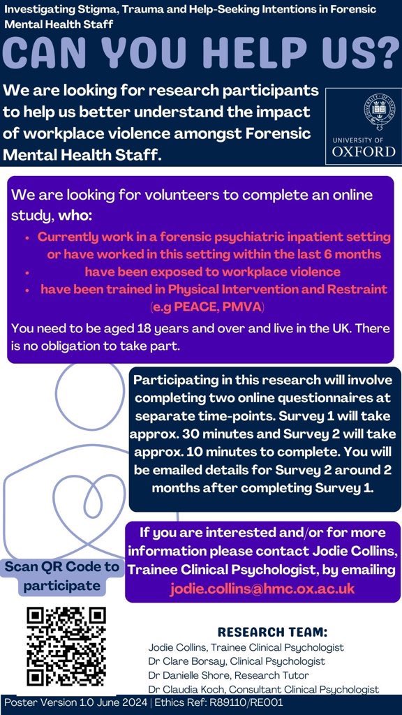 Uk based study looking at Forensic Mental Health workers experience of workplace violence. Participants needed. Please RT! Thank you
#Dclinpsy #forensicmh #healthcare #workplaceviolence #researchstudy