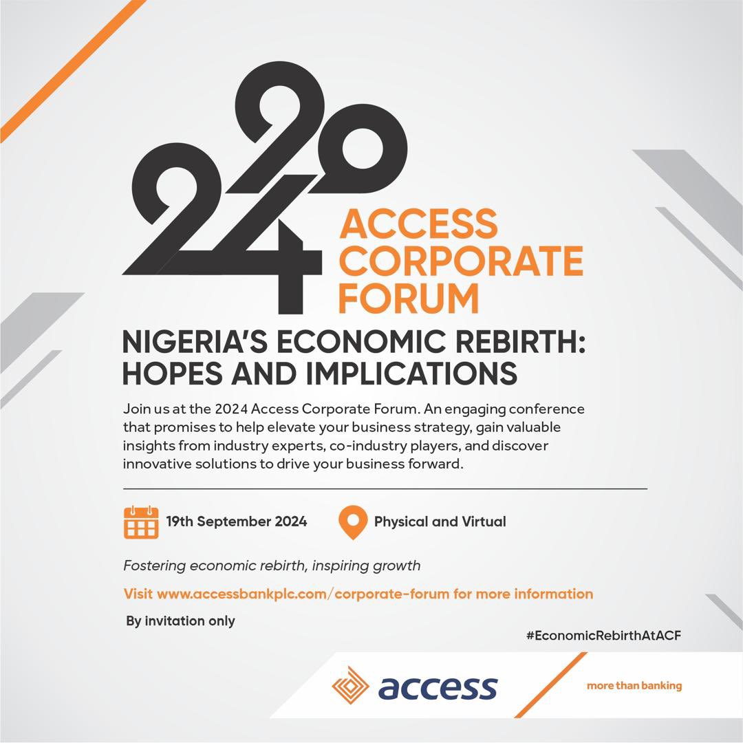 myaccessbank's tweet photo. Are you ready for the Access Corporate Forum?
With over 8 distinguished panelists and speakers, the forum will address pressing economic challenges and explore strategies for growth and transformation.
Click the link below to register
https://t.co/Y3brg10Rp1
#AccessForum
#EconomicRebirthAtACF
#MoreThanBanking
#EconomicRebirthAtACF
#AccessBank