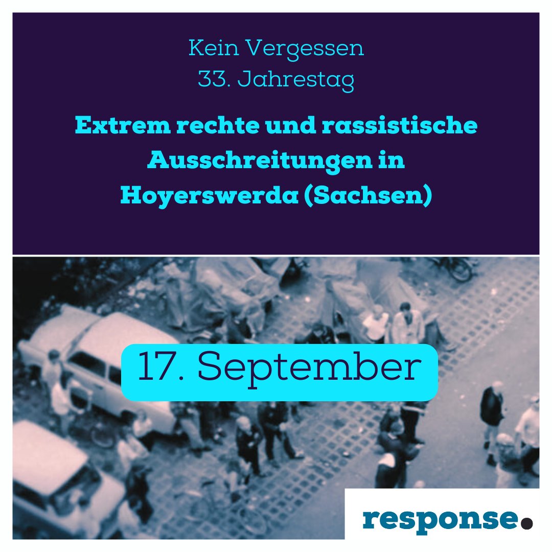 #KeinVergessen
Heute vor 33 Jahren, am 17.09.1991, begannen in #Hoyerswerda #Sachsen mehrtägige rassistisch &amp; extrem rechts motivierte pogromartige Ausschreitungen.
❗️Sie waren der Beginn einer Serie von extrem rechten Ausschreitungen in den Folgemonaten.
#Gedenken #RechteGewalt