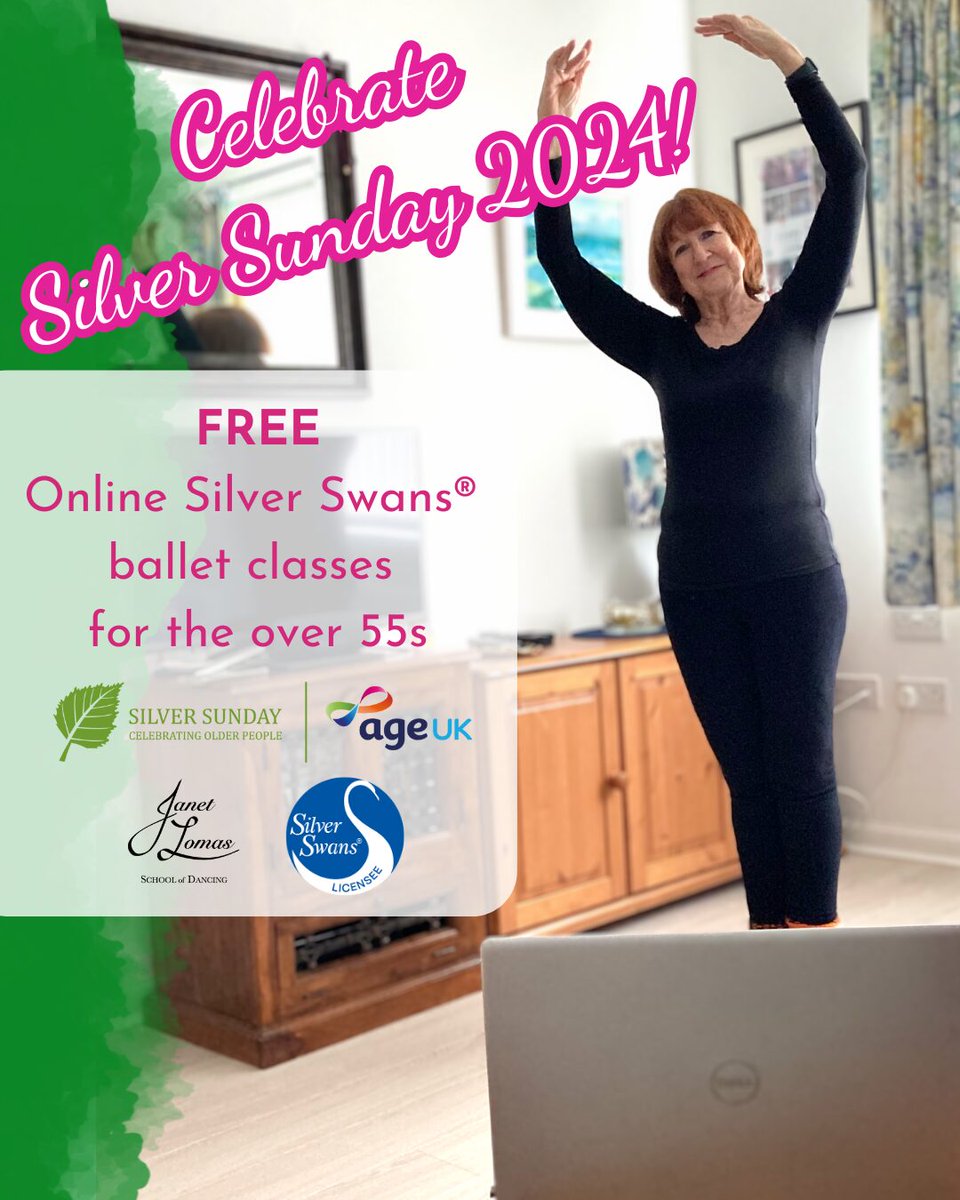 Join me on <a href="/SilverSundayUK/">Silver Sunday</a> for a FREE online Silver Swans ballet class for the over 55s

11.30-12.30pm –  Beginners/those wishing to refresh the basics
1.00-2.00pm – For those with previous ballet experience
(UK time)

Contact us to reserve your place janetlomasdance.co.uk/silverswanseve…