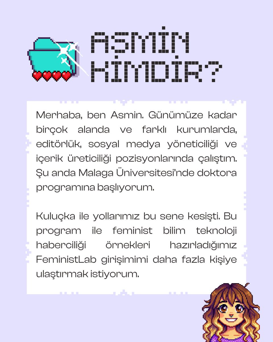 NewsLabTurkey's tweet photo. Kuluçka programımız ile yola çıkanlarda bu hafta @AsminAyce ve FeministLab var.

FeministLab, feminist bilim ve teknoloji haberciliği yapmayı amaçlıyor. Bilim ve teknolojiye daha eşitlikçi bir yerden bakıp onu kontrol edebileceğimizi hatırlatmak istiyor.

Lütfen takip edin, abone olun, dinleyin, paylaşın.🍃

🌐 Medium: https://t.co/uv9InpmOax
💌 Instagram: https://t.co/b4qzxJdMy7
👩‍💻 Instagram: https://t.co/cH8zEgBr2T
👜 LinkedIn: https://t.co/V1NvipiwNe