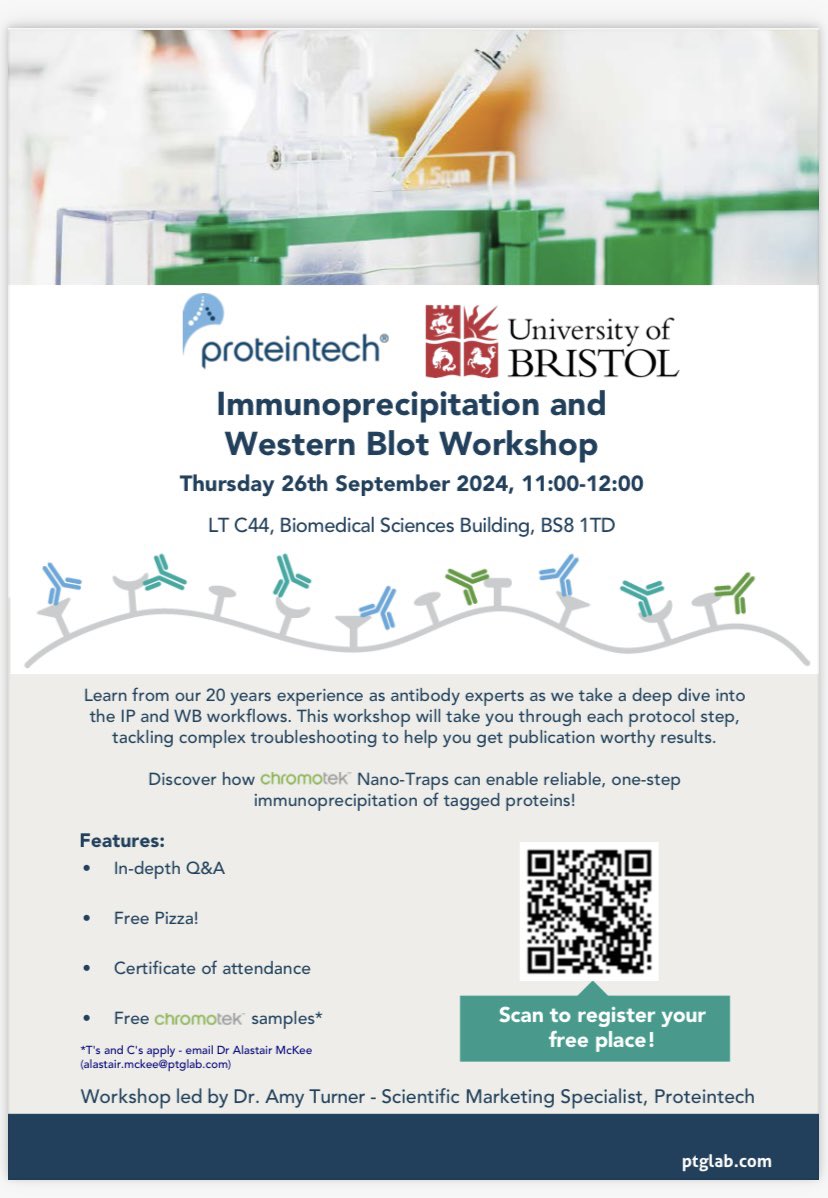 Kincaid Ingram (@kincaidingram) on Twitter photo Bristol colleagues: join this <a href="/Proteintech/">Proteintech Group</a> session on IPs and western blotting!
Learn from the experts on generating publication quality data 📈 or just come for the free pizza 🤷♂️🍕
🗓️ - Thurs 26th
🕰️ - 11:00-12:00
📍- C44
Link ⬇️🧵
<a href="/BristolBiochem/">Bristol Biochemistry</a> <a href="/UoBPPN/">University of Bristol School of PPN</a> <a href="/CMMBristol/">School of Cellular and Molecular Medicine🏳️🌈😷</a> Bristol colleagues: join this <a href="/Proteintech/">Proteintech Group</a> session on IPs and western blotting!
Learn from the experts on generating publication quality data 📈 or just come for the free pizza 🤷♂️🍕
🗓️ - Thurs 26th
🕰️ - 11:00-12:00
📍- C44
Link ⬇️🧵
<a href="/BristolBiochem/">Bristol Biochemistry</a> <a href="/UoBPPN/">University of Bristol School of PPN</a> <a href="/CMMBristol/">School of Cellular and Molecular Medicine🏳️🌈😷</a>