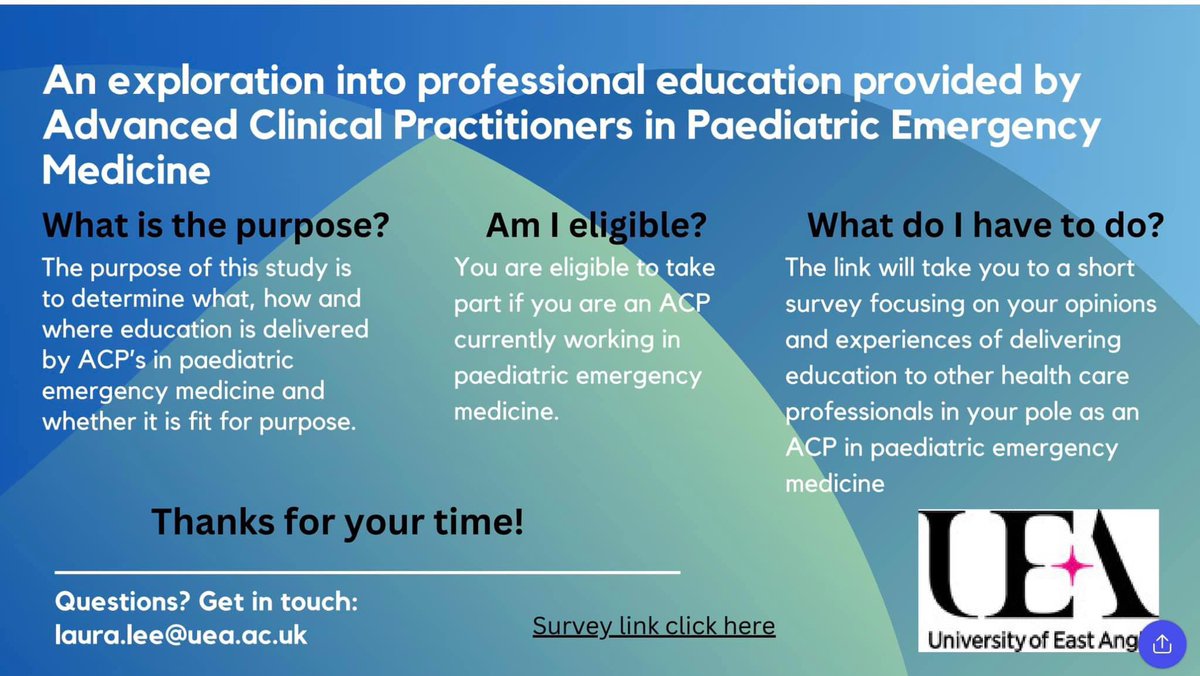 Open to any ACP who provides care to children in EM.

Are you an #ACP working in #PEM? I need you!
Please consider taking part in my doctorate research study…..and/or share the advert below.
#research #profdoc <a href="/RCEMACPForum/">RCEM ACP Forum</a> <a href="/RCollEM/">Royal College of Emergency Medicine</a>  <a href="/UEA_Health/">School of Health Sciences</a> 
qfreeaccountssjc1.az1.qualtrics.com/jfe/form/SV_3j…