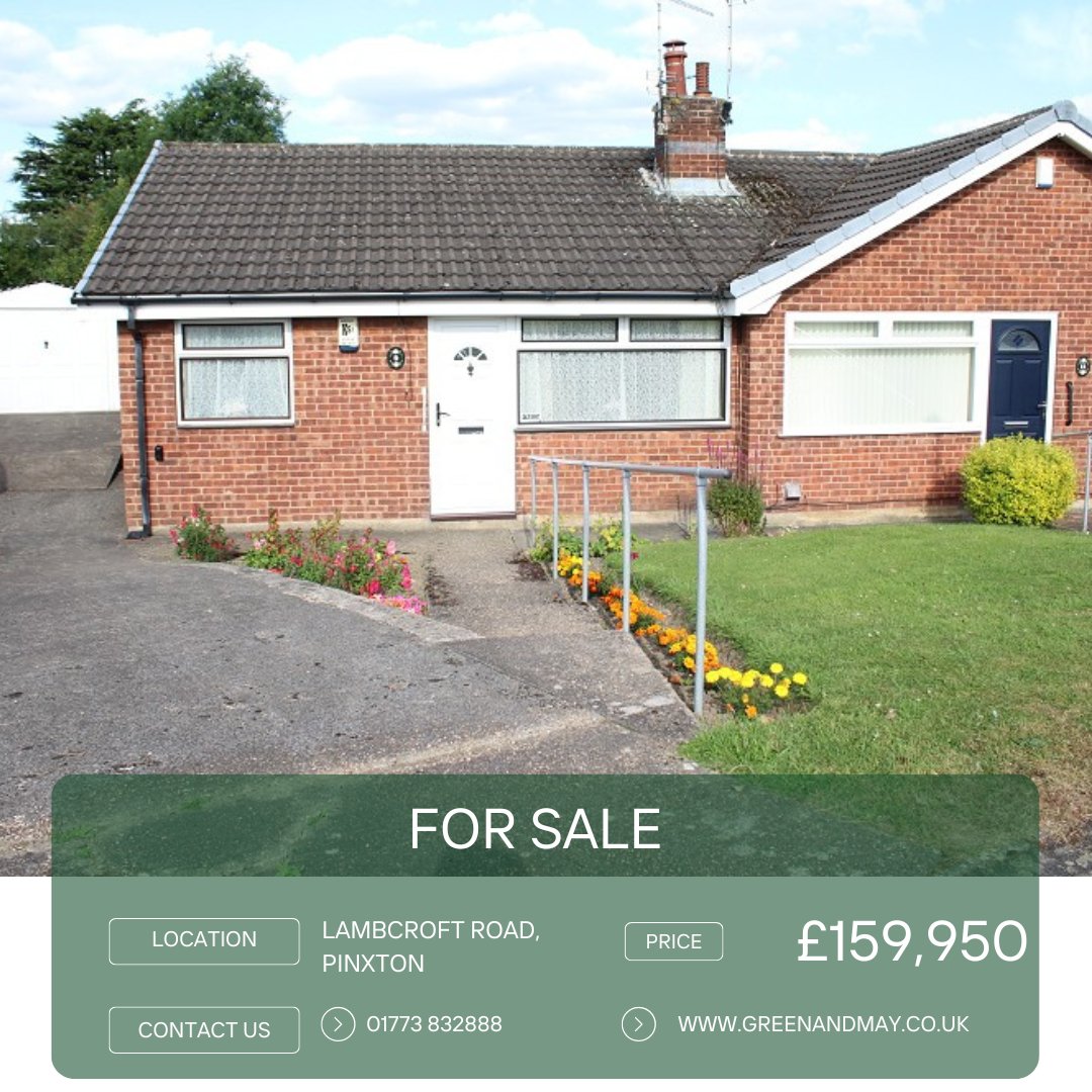 GreenAndMay's tweet image. For Sale on Lambcroft Road – Semi-Detached Bungalow with Generous Plot &amp;amp; No Upward Chain! 

📌 #Pinxton NG16 6QL
£159,950
Full details and photographs 📷: greenandmay.co.uk/property/?ref=…
Call ☎️ 01773 832888 to view this property