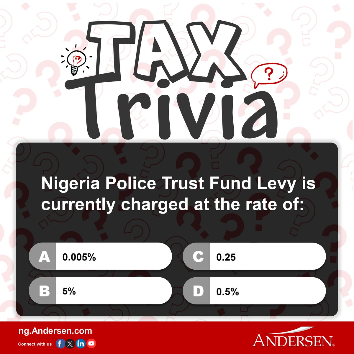 AndersenNigeria's tweet photo. Time for another tax trivia! 💡

Do you know the current rate at which the Nigeria Police Trust Fund Levy is charged?

Drop your answer below!

 #TaxTriviaTuesday #NigeriaTax #PoliceTrustFund #TaxKnowledge #TuesdayQuestion https://t.co/UbOyaufQBN