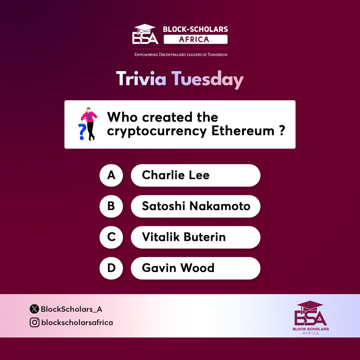 BlockScholars_A's tweet image. It’s that time of the week— Trivia Tuesday Quiz! 🎉

Do you know who created Ethereum, the blockchain platform known for its smart contracts?

Comment below with the correct answer and show off your crypto knowledge! 💡

#TravisTuesday
#Ethereum
#BlockchainQuiz
#CryptoEducation