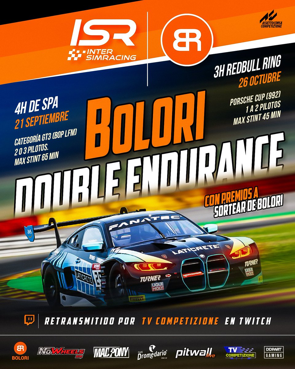 A quien no le va a gustar un Endurance de 4h en Spa con la climatología autóctona de la zona?
Es  individual o por equipos de 2 a 3 pilotos
Y  junto con la siguiente Endurance del 26 de Octubre se sortearan premios de nuestro  patrocinador BOLORI
Inscripciones en  Discord
