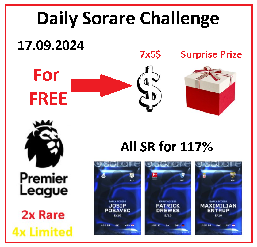 Daily <a href="/Sorare/">Sorare</a> Challenge 17.09.2024 😎

1⃣ 2 x Rare + 4 Limited Cards from Premier League for 6 random people who make at least one transaction with me within 24 hours!
My Gallery: sorare.pxf.io/PawelTrader
2⃣ Swap all my Super Rare Cards for 117% of Your cards value 🔝
3⃣ 🆓5$ for