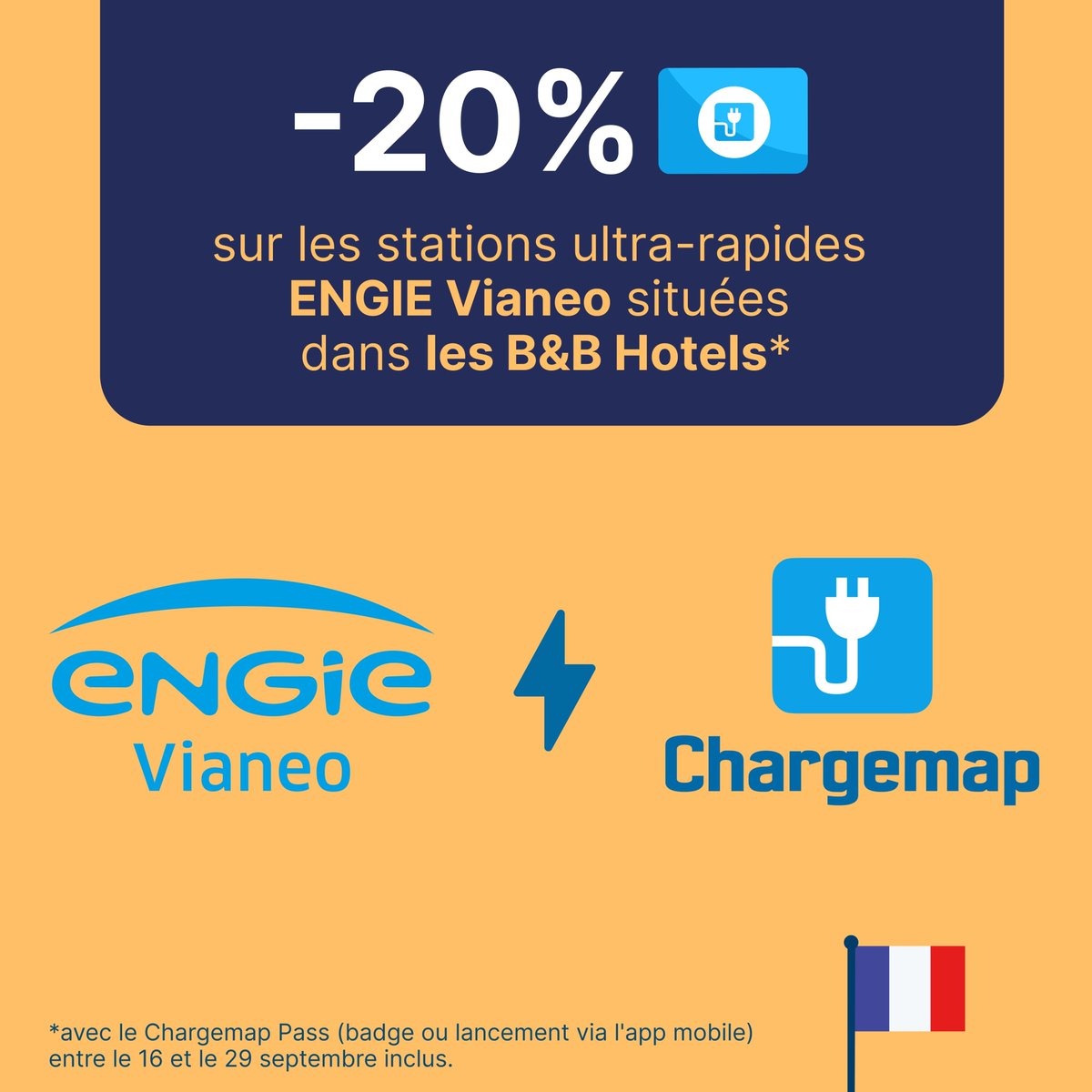 Rechargez à prix réduit ! ⚡🚗

Jusqu'au 29 septembre, rechargez sur nos stations rapides <a href="/BBHotelsFR/">B&B HOTELS France</a> avec le Chargemap pass et économisez 20% ! 

Alors détendez vous et faite un stop à une station de recharge #ENGIEVianeo : engie-vianeo.com/carte-borne-re… 🧘‍♂️
