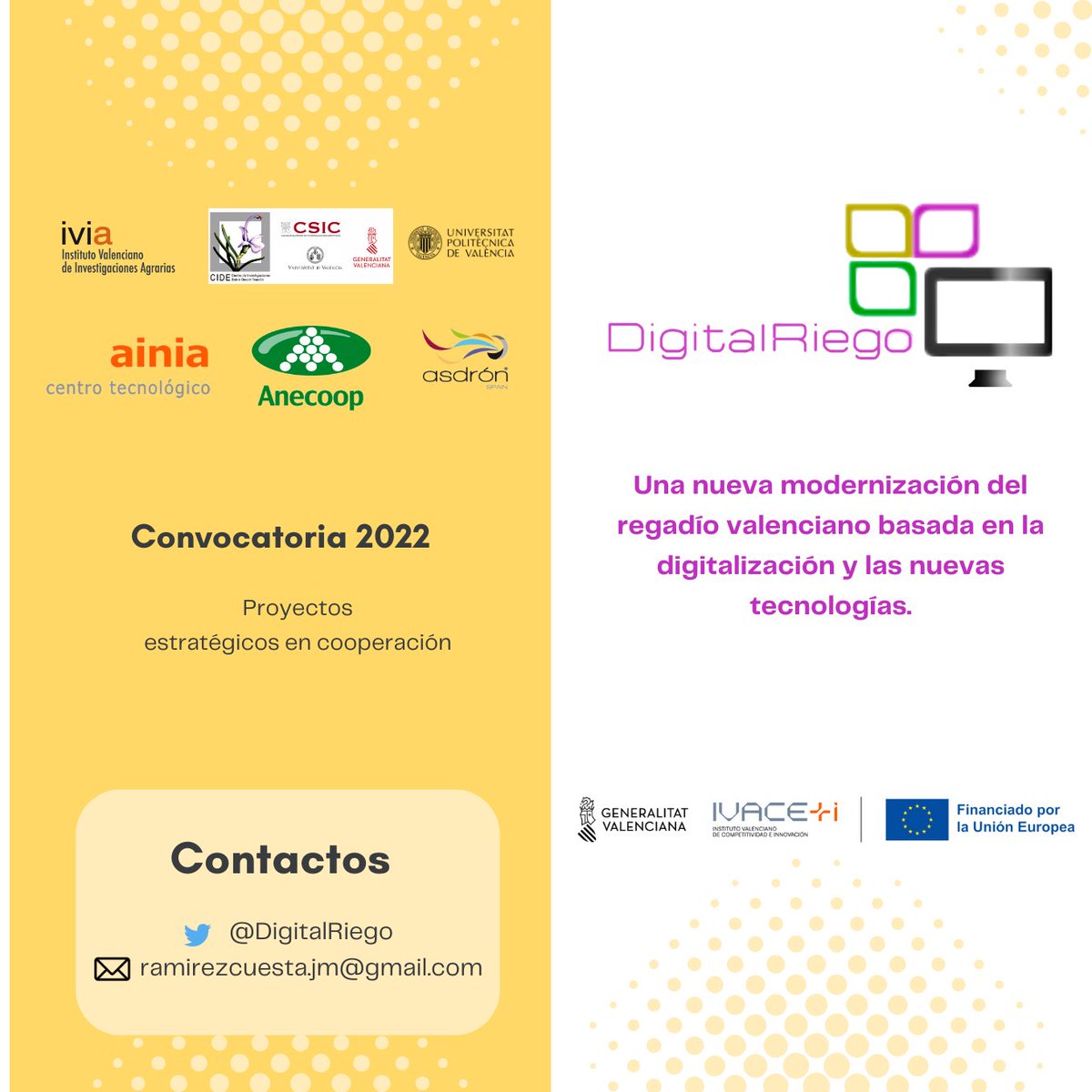 DigitalRiego's tweet image. El proyecto @DigitalRiego financiado por la UE e Ivace+i Innovación llega a su fin, y queremos compartir los resultados más 🔝 que hemos conseguido. ¡Atento a las siguientes publicaciones 🥦 donde daremos todos los detalles! #FEDER #RetoIvaceInnova